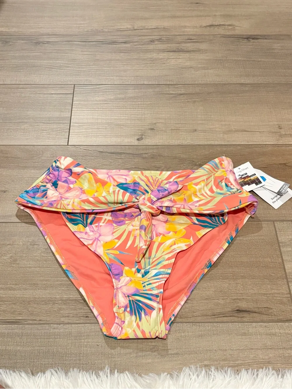 Time and Tru Floral High Waist tie Swim Bottoms pink orange size medium (8-10)
